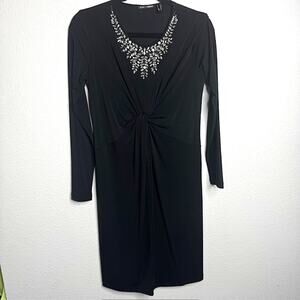 Punt Roma Elevated Jewel Low-Neckline Faux Wrap Black Diamonte Dress